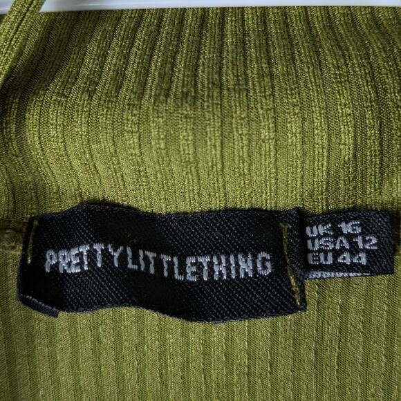 PrettyLittleThing Green Ribbed Collared Tie Front Long Sleeve Top UK16 US12 - Picture 2 of 4
